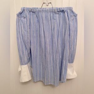 Boutique Off the Shoulder linen pinstriped blouse with French cuffs